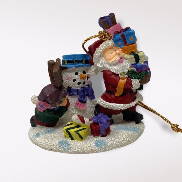 Vintage | Snowman And Santa Holding Presents Christmas Ornament - Picture 3 of 6